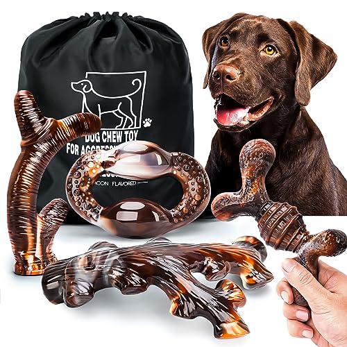 Dog Chew Toys for Aggressive Chewers 4 Pack, Indestructible Dog Toys, Bacon Flavor, Tough Nylon Bones to Keep Them Busy, Medium & Large Breed, Gifts for Dogs - size: Large