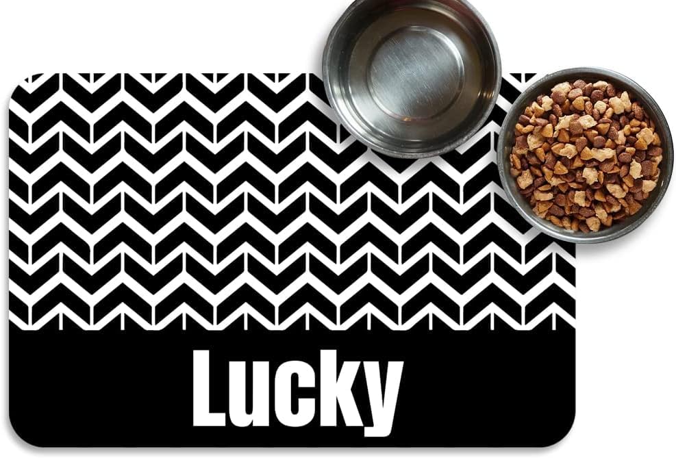 Personalized Dog & Cat Food Mat with Name Waterproof PU Pet Bowl Mat Non-Slip Rubber Bottom Easy Clean 3 Sizes (24"×16", 30"×20", 36"×24") Black Paw Prints (Fish Bone) - color: Wave