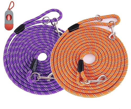 (2 Pack) Long Dog Leash for Dog Training 15FT/30FT/50FT, Dog Rope Leash with Reflective Thread for Large Medium Small Dogs, Dog Tie-Out Cable Lead for Hunting, Camping&Backyard - color: 2Pack Orange&Purple, size: 16FT* 3/8 inch