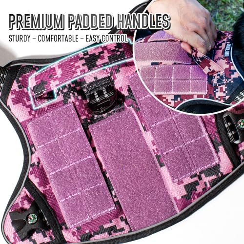 Tactical Dog Harness for Medium & Large Dogs, Camo Purple Adjustable No-Pull Control with Handle, Heavy Duty Reflective Vest - Size M - color: Purple Camo, size: Medium