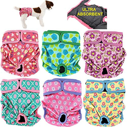 Pack of 6 Female Dog Diapers with 4 - Layers of Absorbent Pads Cat Panties Waterproof Leak Proof Washable (XS: Waist 8" - 12", Pack of 6 Patterns) - color: Pack of 6 Patterns, size: XS: Waist 8" - 12"