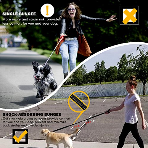Fashion&Cool Heavy Duty Dog Leash Especially Large Dogs Up to 150lbs, 4-6 Ft Reflective Dog Walking Training Shock Absorbing Bungee Leash Car Seat Belt Buckle, 2 Padded Traffic Handle Extra Control - color: Black