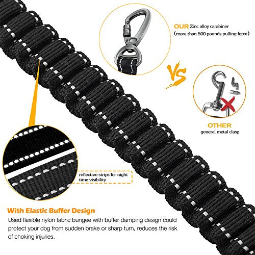 Fashion&Cool Heavy Duty Dog Leash Especially Large Dogs Up to 150lbs, 4-6 Ft Reflective Dog Walking Training Shock Absorbing Bungee Leash Car Seat Belt Buckle, 2 Padded Traffic Handle Extra Control - color: Black