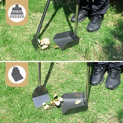 Heeyoo Dog Pooper Scooper, Dog Poop Tray and Rake Set, Pet Waste Removal Scoop with Long Adjustable Sectional Stainless Handles - color: Silver/Black