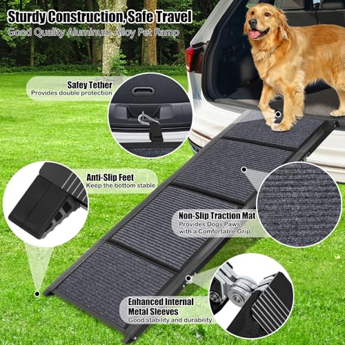 GaliGali Dog Ramp for Car Portable Folding Pet Stair 62" Long & 17.3" Wide | Ramp with Non-Slip Carpet, Wider Dog Stair Allow Medium to Large Dogs Up to 250 lbs to Enter Car, SUV and Truck - size: Foldable 160*44