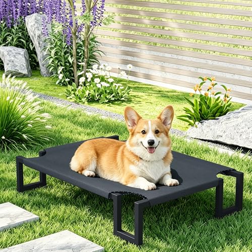 Elevated Dog Bed for Medium Sized Dogs,Raised Outdoor Dog Cot with Washable Cover,Breathable Teslin Mesh,Waterproof Cooling Pet Bed Indoor & Outdoor,No-Slip Feet,Black 90×65×21cm - size: M 90L×65W×20H cm