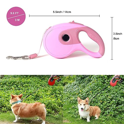 Retractable Dog Leash, 9.8FT Dog Walking Leash for Small Medium Dog Up to 45lbs, One-Handed Brake, Pause, Lock, No Tangle Nylon Tape, Anti-Slip Handle, Pink 3M - size: 9.8FT-PINK