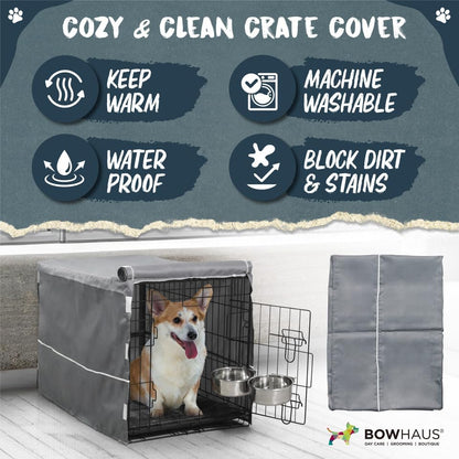 BOWHAUS 30-Inch Single Door Dog Crate Kit Includes Crate Cover, Dog Bed & 2 Bowls and Bowl Racks, Indoor Dog Cage Bundle Set, Foldable Wire Metal Dog Kennel w/Pan for Small, Medium Dog - size: w/ Two Bowls
