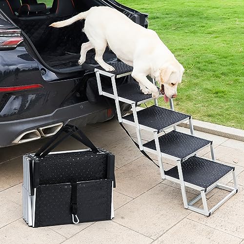 Uross Dog Stairs for Car 5 Steps - Collapsible Dog Steps Ramp for Car and SUV, Aluminum Pet Ramp Stairs for Large Dogs,Telescoping Ladder for Truck, High Bed - size: 5 Steps (Suitable for SUV & Truck)