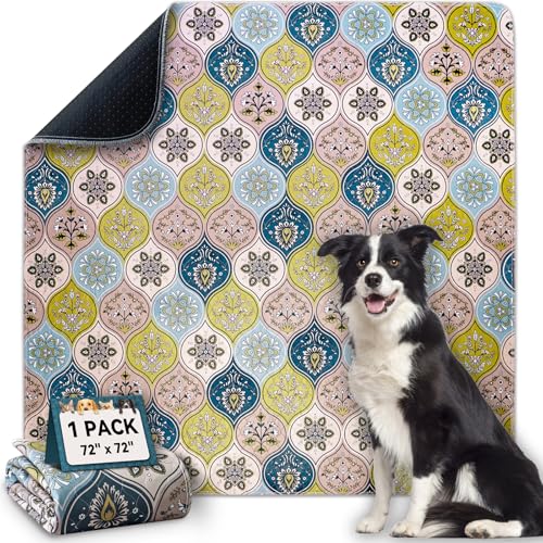 Washable Pee Pads for Dogs, Stylish Absorbent Reusable Training Dog Pads, Non-Slip and Leak-Proof Puppy Pads, Potty Pads for Crates, Whelping, Playpen, Bed and Floors, Cream/Multi 72" x72" - color: Cream/Multi, size: 72" x 72" 1PACK