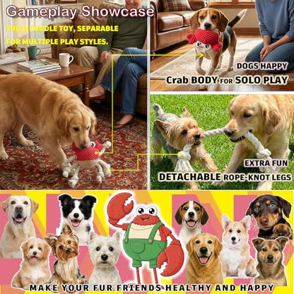 Plush Squeaky Crab Dog Toy with Rope Legs - 5.5''X9.5'' Durable Dog Chew Toy for Small Dogs | Built-in Whistle Sounds | Teeth Cleaning | Interactive Dog Toys （RED）