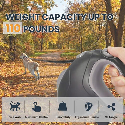33ft Retractable Dog Leash, One-Button Control with Reflective Strips, 360° Anti Winding Non Slip Handle Lead, Long Leash Retractable with Waste Bag Dispenser for Medium Large Dog