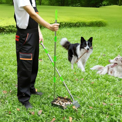 T2Y Extra Long Handle Dog Pooper Scooper 3-Piece Set, Heavy Duty Metal Poop Rake, Tray and Spade for Large Dogs, Stainless Steel Pet Waste Remover & Garden Scoop for Yard/Grass/Dirt/Gravel - size: Rake & Spade & Large Tray-Green