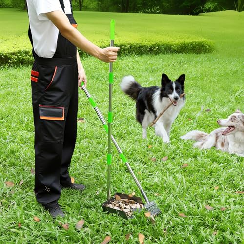 T2Y Extra Long Handle Dog Pooper Scooper 3-Piece Set, Heavy Duty Metal Poop Rake, Tray and Spade for Large Dogs, Stainless Steel Pet Waste Remover & Garden Scoop for Yard/Grass/Dirt/Gravel - size: Rake & Spade & Large Tray-Green