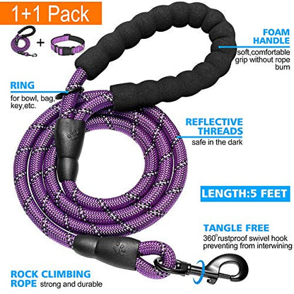 Ladoogo Reflective Dog Collar Padded with Soft Neoprene Breathable Adjustable Nylon Dog Collars for Small Medium Large Dogs (Small (Pack of 1), Purple Collar+Leash) - color: Purple Collar+Leash, size: Small (Pack of 1)