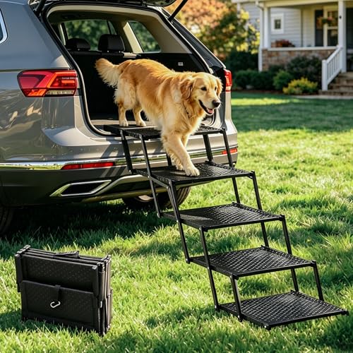 Dog Ramps for Cars, Portable Folding Dog Stairs for Cars, SUV, Trucks, Reinforced Pet Steps Supports Up to 200 lb, 5 Steps