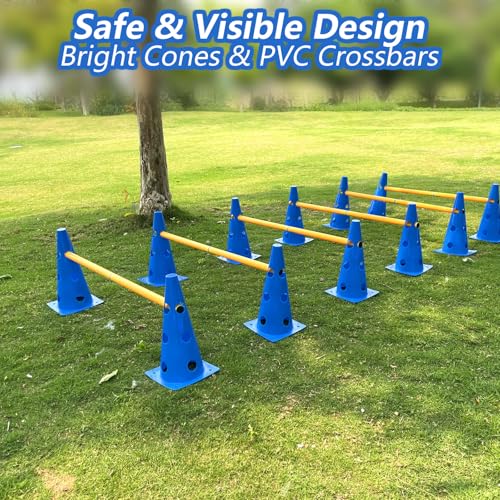Dog Agility Cone Hurdle Set, 3 Adjustable Heights, 12 Pack | Adjustable Height Dog Agility Course for Backyard Training, 12 Cones with PVC Crossbar - size: 12-Pack Hurdle Cone