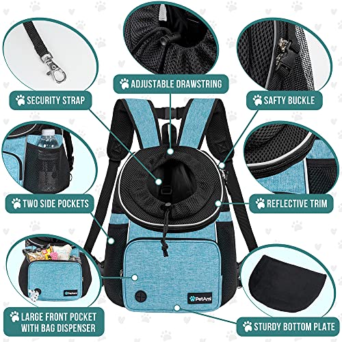 PetAmi Adjustable Cat & Dog Chest Carrier Backpack, Ventilated for Hiking & Camping, Max 15 lbs, Teal Blue - color: Teal Blue, size: Large (15.5x9x18)