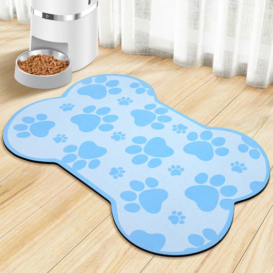 Dog Food Mats for Floors Waterproof, Pet Feeding Absorbent Water Bowl Mat Cat Placemats Blue Bone Shape 23.6 * 15.7 inch - color: Light Blue, size: M(23.6"×15.7")
