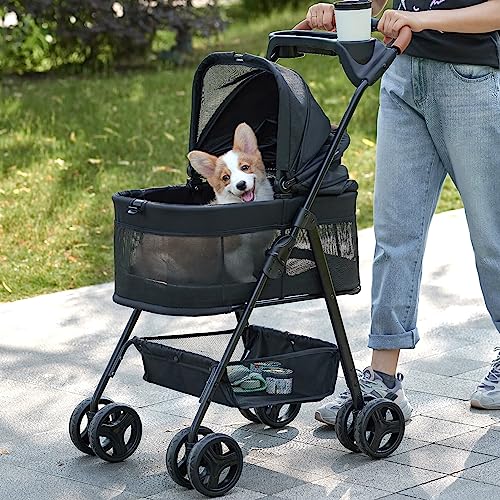 Zoosky 3 in 1 Pet Stroller with Removable Carrier, Folding Stroller for Small/Medium Dogs and Cats, Waterproof, All-Terrain, with Sun Shades, Car Seat - color: Black