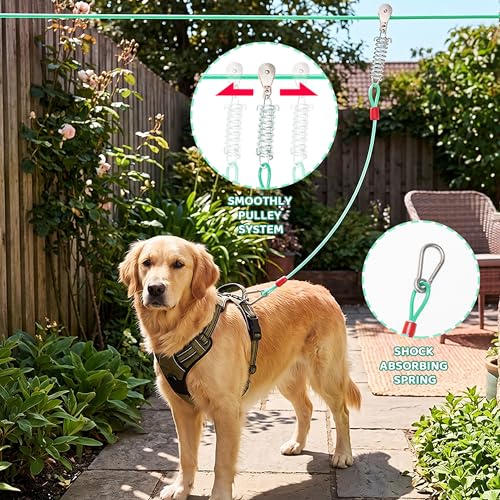 Dog Tie Out Cable - 100 ft Long Dog Cable with 10 ft Run Cable for Yard Training Running Camping Hiking Outdoor - Heavy Duty Chew Proof Lead Leash with Buffer Spring for Small Medium Large Dogs - color: Green