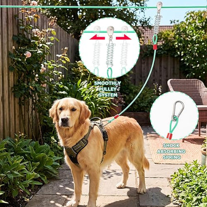 Dog Tie Out Cable - 100 ft Long Dog Cable with 10 ft Run Cable for Yard Training Running Camping Hiking Outdoor - Heavy Duty Chew Proof Lead Leash with Buffer Spring for Small Medium Large Dogs - color: Green