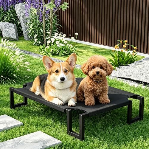 Elevated Dog Bed for Medium Sized Dogs,Raised Outdoor Dog Cot with Washable Cover,Breathable Teslin Mesh,Waterproof Cooling Pet Bed Indoor & Outdoor,No-Slip Feet,Black 90×65×21cm - size: M 90L×65W×20H cm