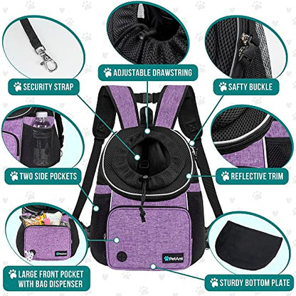 PetAmi Adjustable Cat & Dog Chest Carrier Backpack, Ventilated for Hiking & Camping, Max 15 lbs, Purple - color: Purple, size: Large (15.5x9x18)