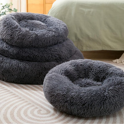 Cat Bed Plush Donut Dog Bed Fluffy Calming Pet Bed Dog Round Bed Cat Round Bed Warm Kitten Nest Rabbit Cave Kitten Bed Ideal for Small 3KG Pet - color: Dark Gray, size: 35CM