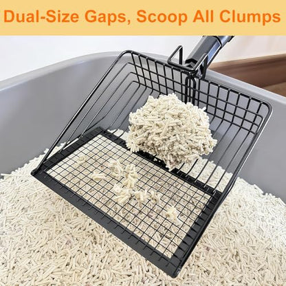 Cat Litter Scoop with Extendable Long Handle, 22.2"-42.5" No Bending Back Metal Kitty Litter Scoop, Large Non-Stick Wide Flat Head Heavy Duty Cat Pooper Scooper