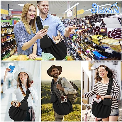 SlowTon Dog Carrier Sling - Thick Padded Shoulder Strap Adjustable Dog Carriers for Small Dogs, Puppy Carrier Purse for Pet Cat with Front Zipper Pocket Safety Belt Machine Washable (Dark Black, M) - color: E-Ink Knitted Fabric