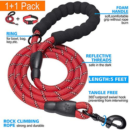 Ladoogo Reflective Dog Collar Padded with Soft Neoprene Breathable Adjustable Nylon Dog Collars for Small Medium Large Dogs (X-Small (Pack of 1), Red Collar+Leash) - color: Red Collar+Leash, size: X-Small (Pack of 1)
