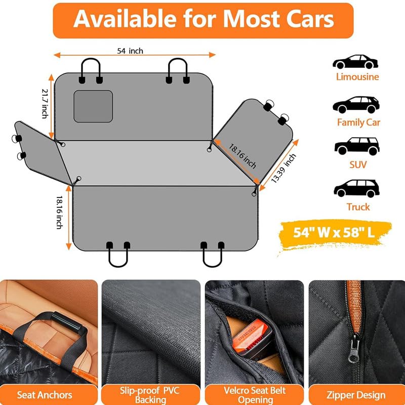 Dog Car Seat Cover for Back Seat, 100% Waterproof Pet Seat Cover with Mesh Visual Window, Scratchproof Nonslip Dog Hammock for Car, Bench & Cargo Liner Style, Universal Size Fits Cars, SUVs, Trucks