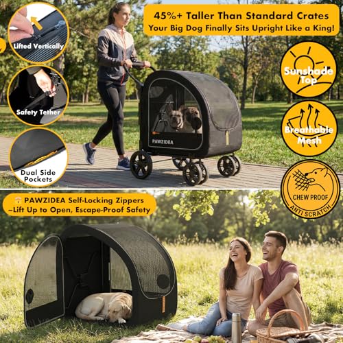 PAWZIDEA 3-in-1 Dog Stroller for Large Dogs with Detachable Carrier up to 100lb, 45% Extra Tall Dog Car Crate Sit Upright, Foldable Pet Stroller for 2 Medium Dogs All-Terrain Jogger, Adjustable Handle - color: Black Warrior