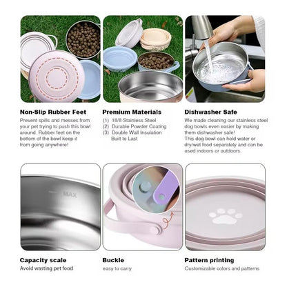 Black Collapsible Travel Dog & Cat Bowl – BPA-Free Silicone & 18/8 Stainless Steel, Portable Non-Slip Food & Water Bowl with Handle, Bottle/Poop Bag Holder – Claim Your - color: Black Bowl