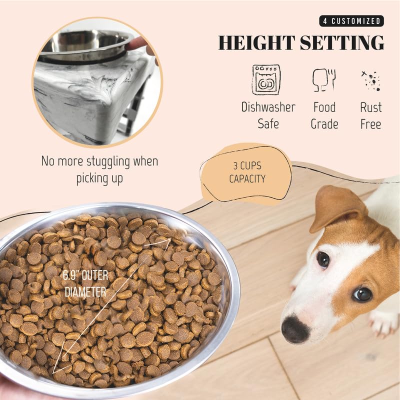 AVERYDAY Elevated Dog Bowls, 4 Height Adjustable Stand for Small and Medium Dogs, Raised Dog Feeder Holder with 2 Stainless Steel Food and Water Bowls, Anti-Slip Base Tall Feeding Station - color: Marble grey stand + 2 food bowls, size: Small