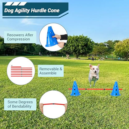 Dog Agile Hurdle Cone Set, Puppy Agility Training Course Equipment with 12 Cones & 6 Agile Rods Combo, 4-Height Adjustable Backyard Obstacle with Storage Bag, 11.5 Inch
