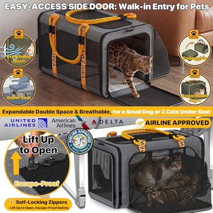 PAWZIDEA Expandable Pet Carrier with Wheels, 18"x11"x11" TSA Airline Approved Cat Carrier for 2 Cats Under Seat, Collapsible Soft-Sided Small Dog Rolling Travel Bag with Telescopic Handle, Up to 18lbs - color: Mid-Hemp Gray-Wheels