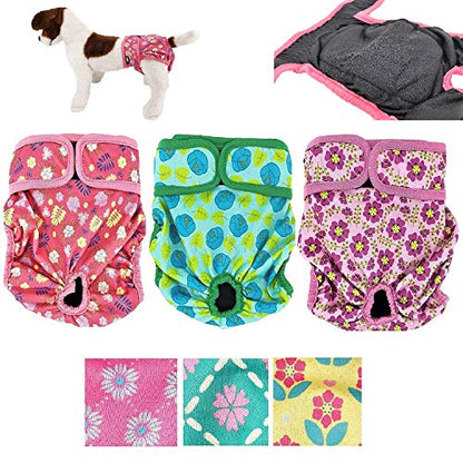 Pack of 3 Female Dog Diapers with 4 - Layers of Absorbent Pads Cat Panties Waterproof Leak Proof Washable (M: Waist 16" - 20", Flowers Pattern) - color: Pack of 3 Flowers Pattern, size: M: Waist 16" - 20"