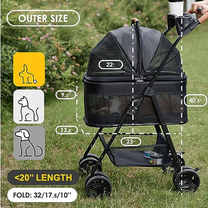 Zoosky 3 in 1 Pet Stroller with Removable Carrier, Folding Stroller for Small/Medium Dogs and Cats, Waterproof, All-Terrain, with Sun Shades, Car Seat - color: Black