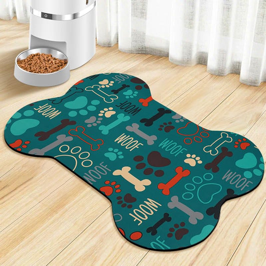Dog Food Mats for Floors Waterproof, Pet Feeding Absorbent Water Bowl Mat Cat Placemats Green Bone Shape 19 * 12 inch - color: Green Bone, size: S(19"×12")