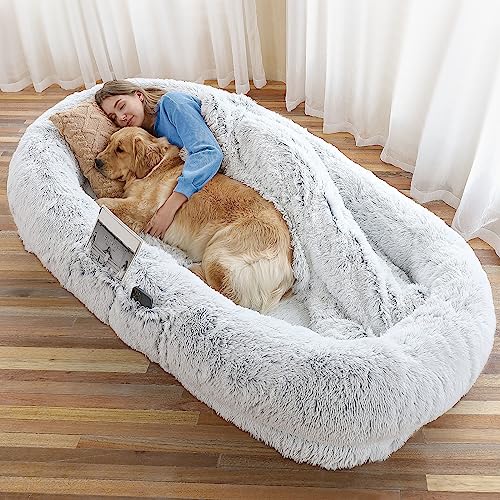 WROS Human Dog Bed - 71"x45"x12" Fits You & Pets, Washable Faux Fur, Orthopedic, Plump Pillow, Blanket, Strap - Grey - color: Grey