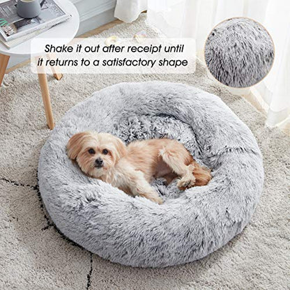 WESTERN HOME WH Calming Soft Round Dog & Cat Bed, Anti-Anxiety Donut Cuddler Warming Cozy Fluffy Faux Fur Plush Cushion Bed for Small Medium Dogs and Cats (20"/24"/27"/30"), Light Grey - color: Light Grey, size: 20.0"l x 20.0"w x 6.0"th