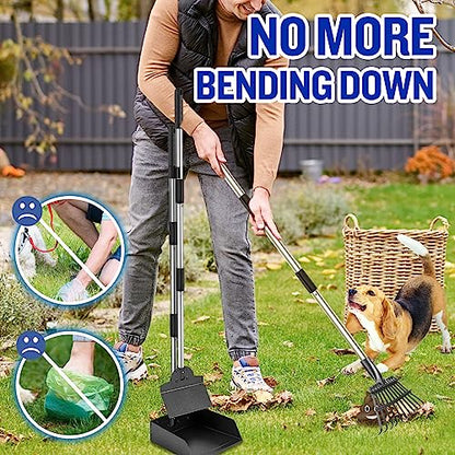 Dog Pooper Scooper, Tray Rake and Spade 3 Pack Poop Scoop Adjustable Long Handle Metal with Bin for Pet Waste Removal, No Bending Clean Up for Large and Small Dogs - size: tray, rake & spade