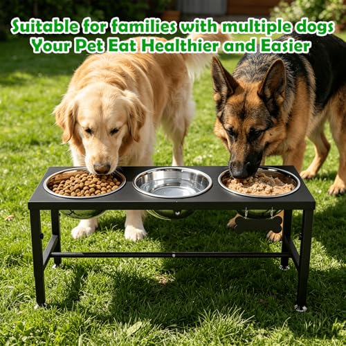 SHAINFUN Elevated Dog Bowl Stand for Large Dogs& Extra Large Dogs with 3 Bowls 101oz– 4 Adjustable Height Raised Pet Feeder with Anti-Spill Mat, Stainless Steel Food & Water Station - color: Black-3L-Three