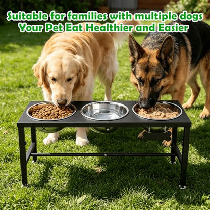 SHAINFUN Elevated Dog Bowl Stand for Large Dogs& Extra Large Dogs with 3 Bowls 101oz– 4 Adjustable Height Raised Pet Feeder with Anti-Spill Mat, Stainless Steel Food & Water Station - color: Black-3L-Three