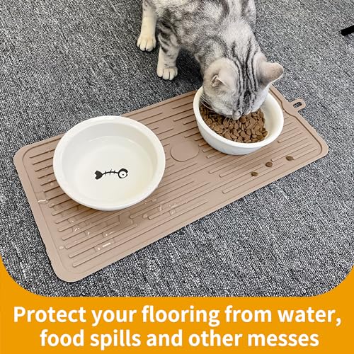 Ptlom Pet Placemat for Dog and Cat, Anti-Slip Waterproof Dogs Feeding Mat Prevent Food and Water Overflow, Bowl Mats Suitable for Medium and Small Pets, Taupe, Silicone - color: Taupe