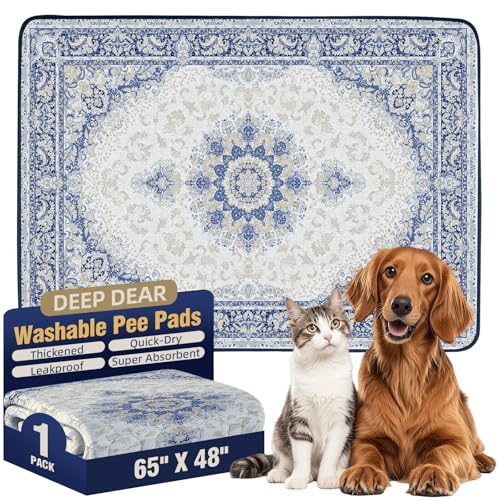 DEEP DEAR Washable Dog Pads 65"x48" 1 Pack, Reusable Dog Pee Pads Extra Large, Super Absorbent Puppy Pads XXL, Waterproof & Leak-Proof Pee Pads for Dogs, Non-Slip Training Pads for Pet Housebreaking - color: Blue Porcelain