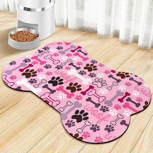 Dog Food Mats for Floors Waterproof, Pet Feeding Absorbent Water Bowl Mat Cat Placemats Pink Bone Shape 23.6 * 15.7 inch - color: Pink, size: M(23.6"×15.7")