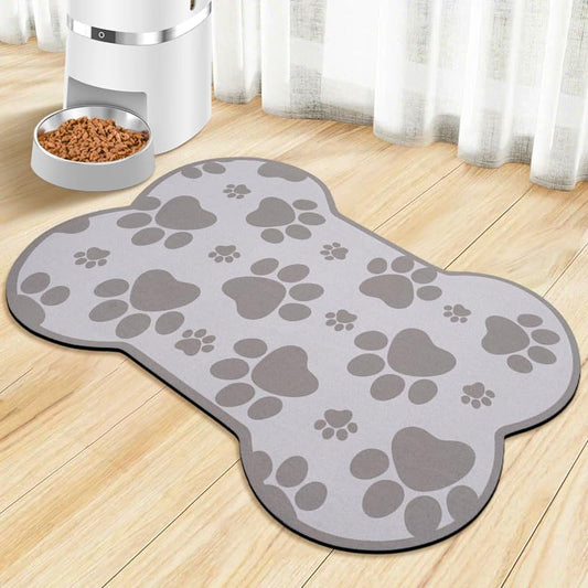 Dog Food Mats for Floors Waterproof, Pet Feeding Absorbent Water Bowl Mat Cat Placemats Gray Bone Shape 19 * 12 inch - color: Gray, size: S(19"×12")